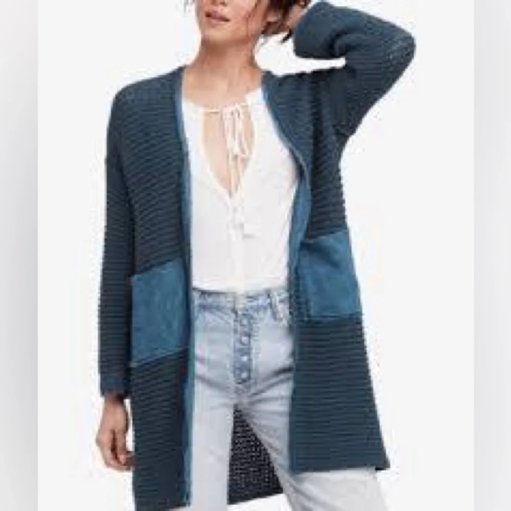 Free People Woodstock Cardigan Blue Open Knit Long Boho Slouchy Cozy Sweater - Picture 2 of 14